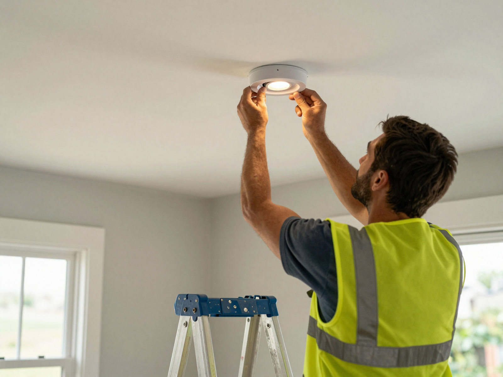 Electrician installing LED lighting fixture in residential ceiling