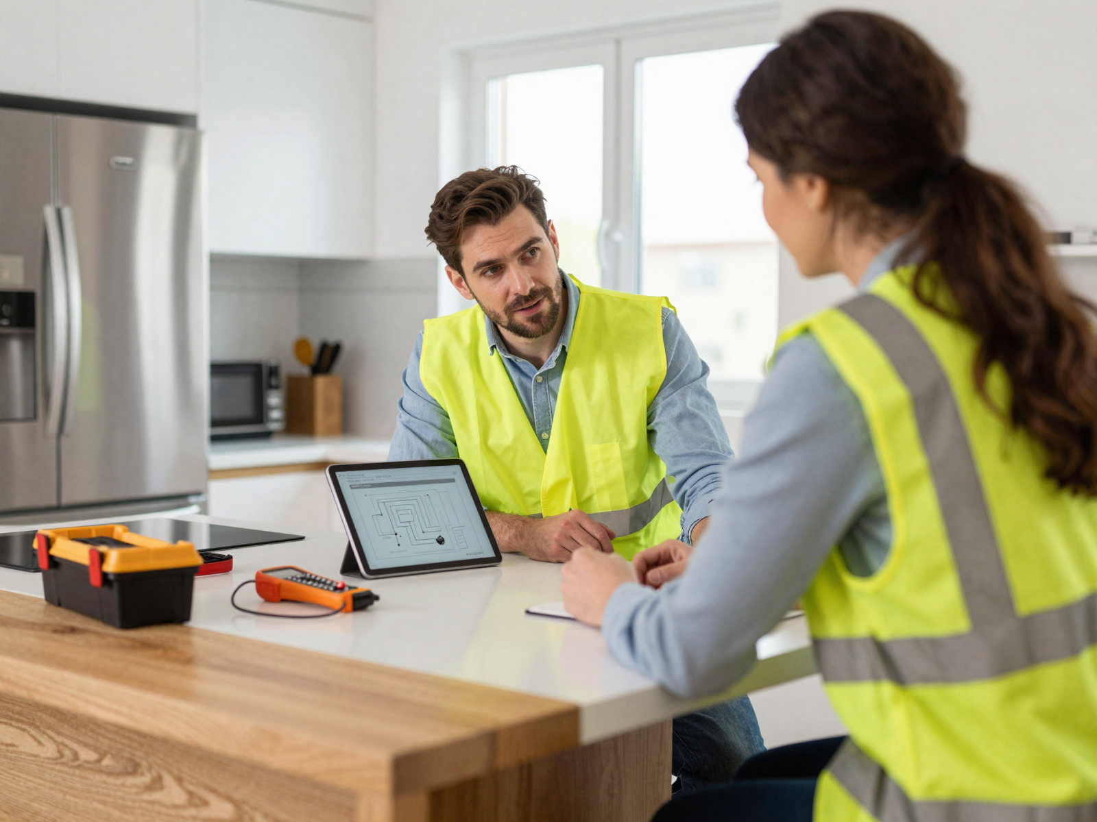 Electrician consulting homeowner with tablet showing wiring diagrams
