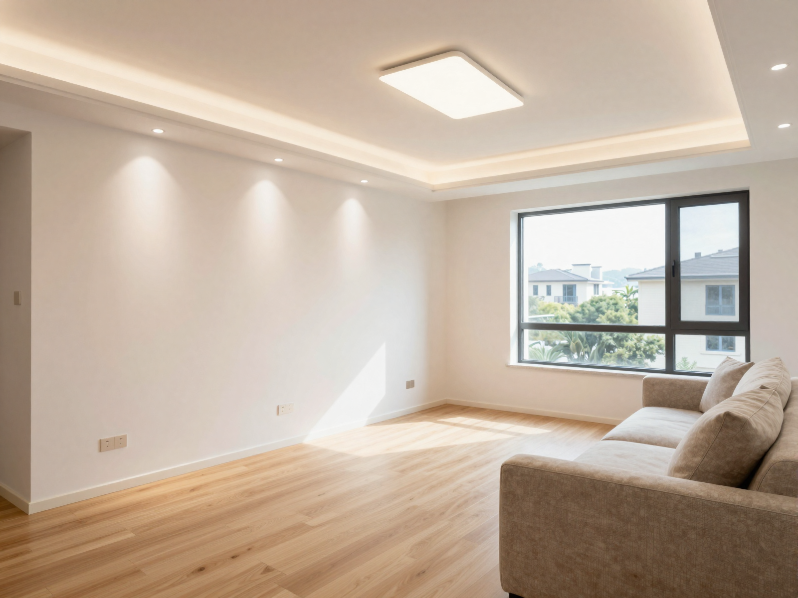 Modern residential living room with professional LED recessed lighting